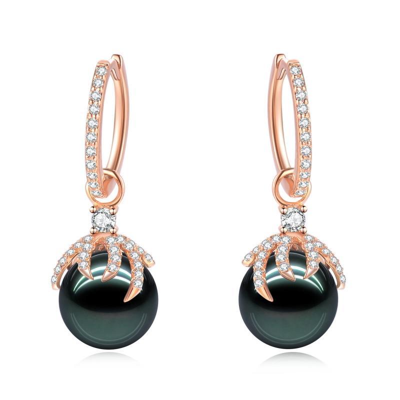 18K Solid Gold Natural 0.48ct Diamond Tahitian Black Pearl 9mm Earrings