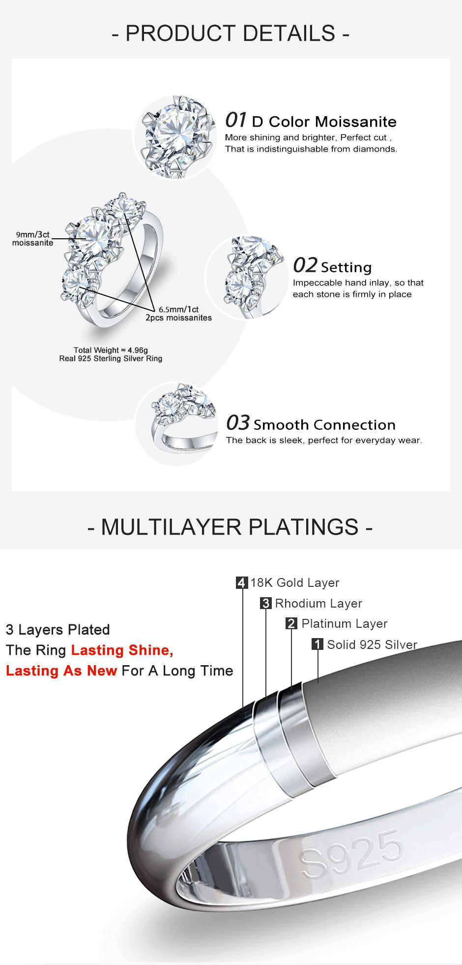 5.0CTTW D Color Moissanite Three Stone Ring 925 Sterling Silver Rings