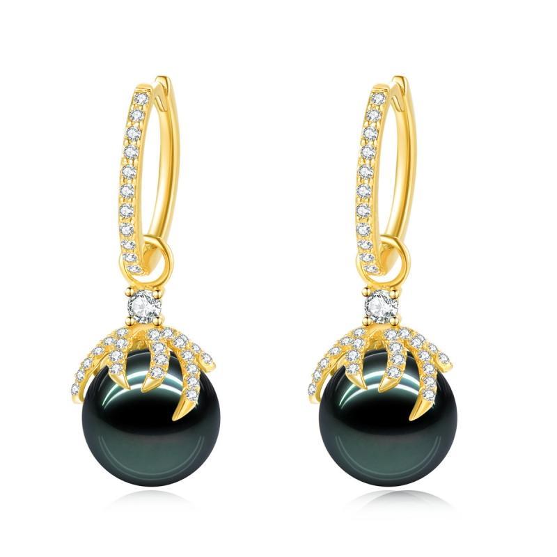 18K Solid Gold Natural 0.48ct Diamond Tahitian Black Pearl 9mm Earrings