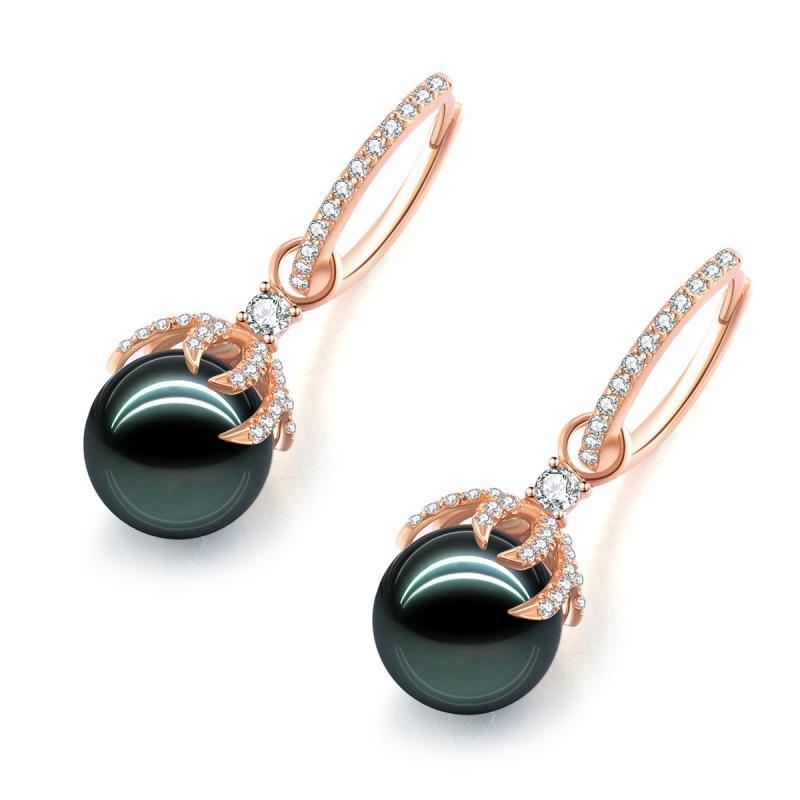 18K Solid Gold Natural 0.48ct Diamond Tahitian Black Pearl 9mm Earrings