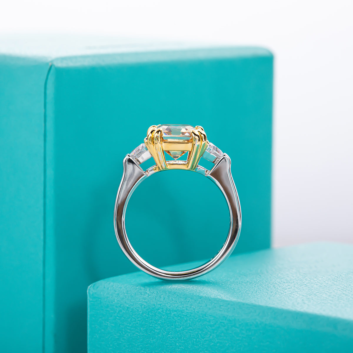 3.0CTTW D Color Asscher Cut Yellow Color Moissanite Engagement Band Ring 925 Sterling Silver Rings