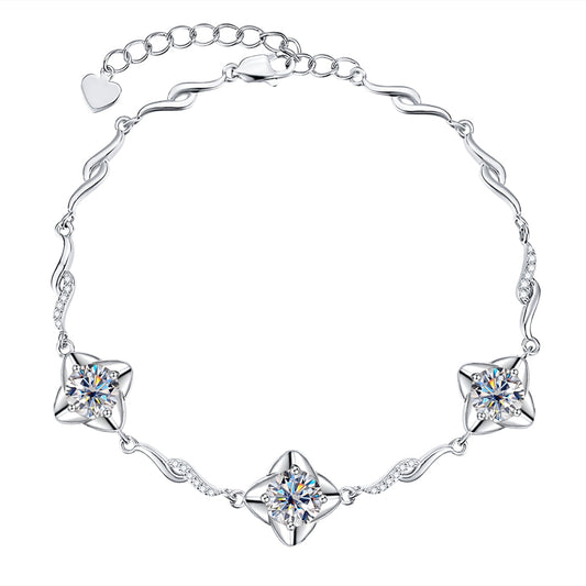 3.0CTTW D ColorAnu Moissanite Four Leaf Clover Silver Bracelet 18K White Gold Plated Adjustable Bracelets