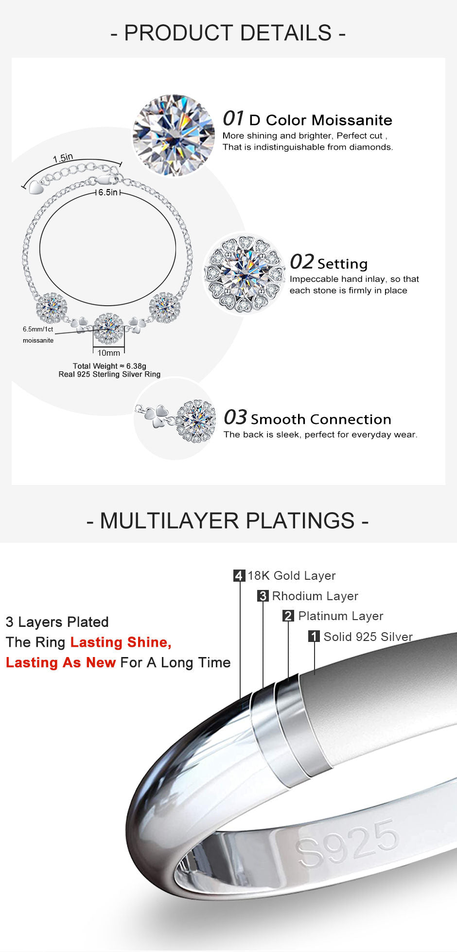 3.0CTTW D Color Moissanite  Clover Bracelet 18K  White Gold Plated Silver Adjustable Bracelets