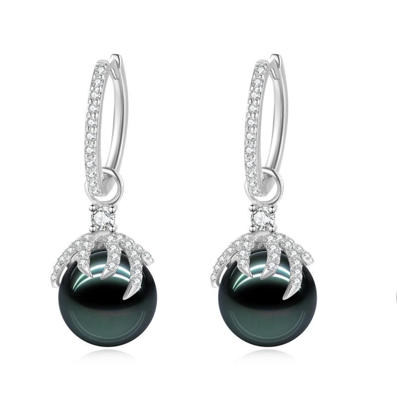 18K Solid Gold Natural 0.48ct Diamond Tahitian Black Pearl 9mm Earrings