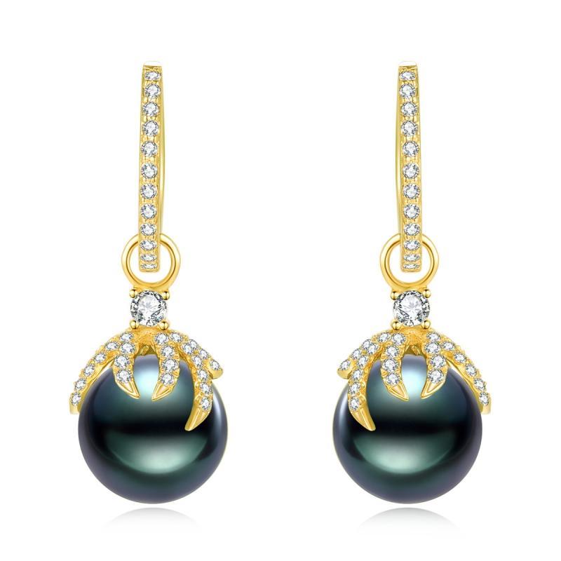18K Solid Gold Natural 0.48ct Diamond Tahitian Black Pearl 9mm Earrings