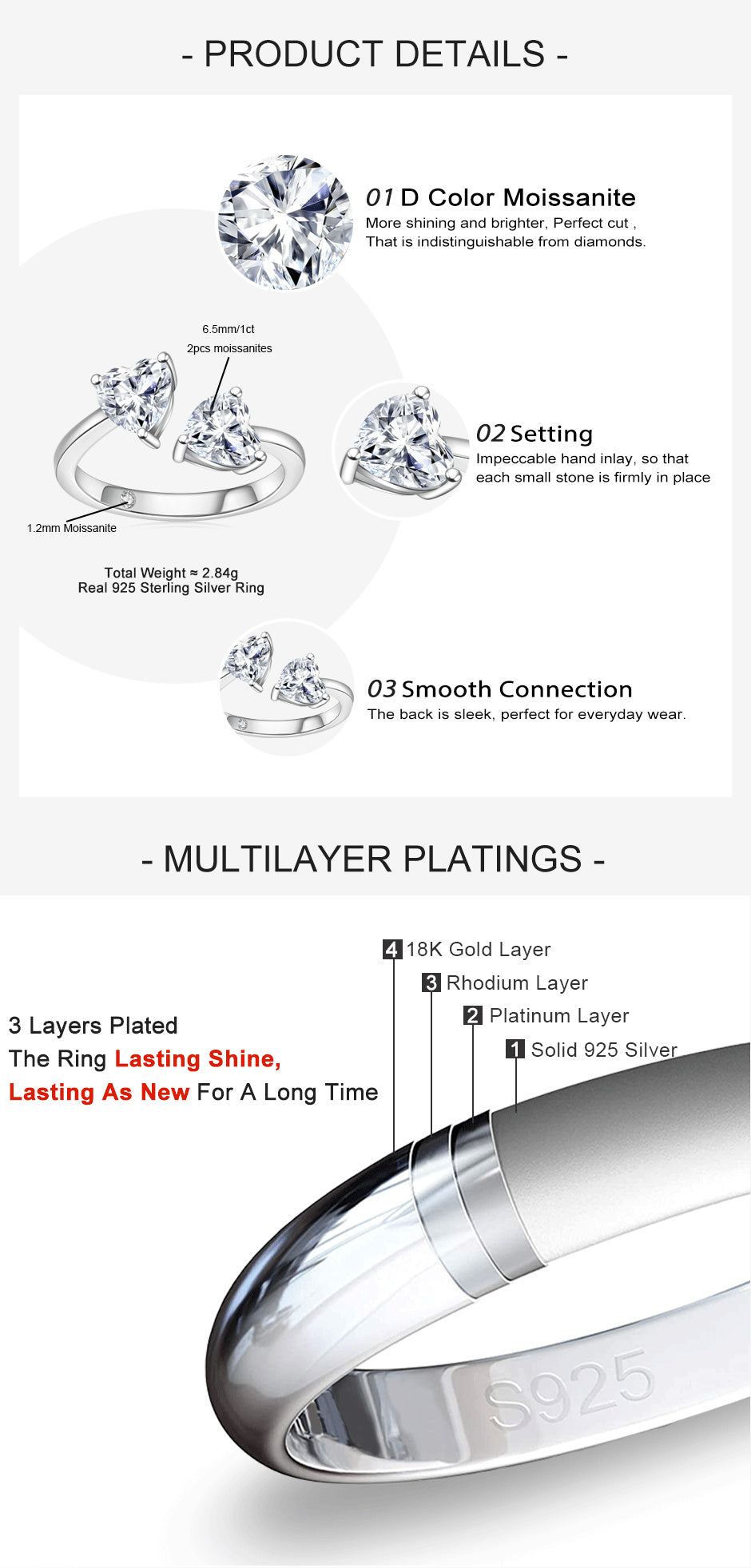 2.0CTTW D Color Heart Shape Moissanite Two Stone Ring 925 Sterling Silver Rings