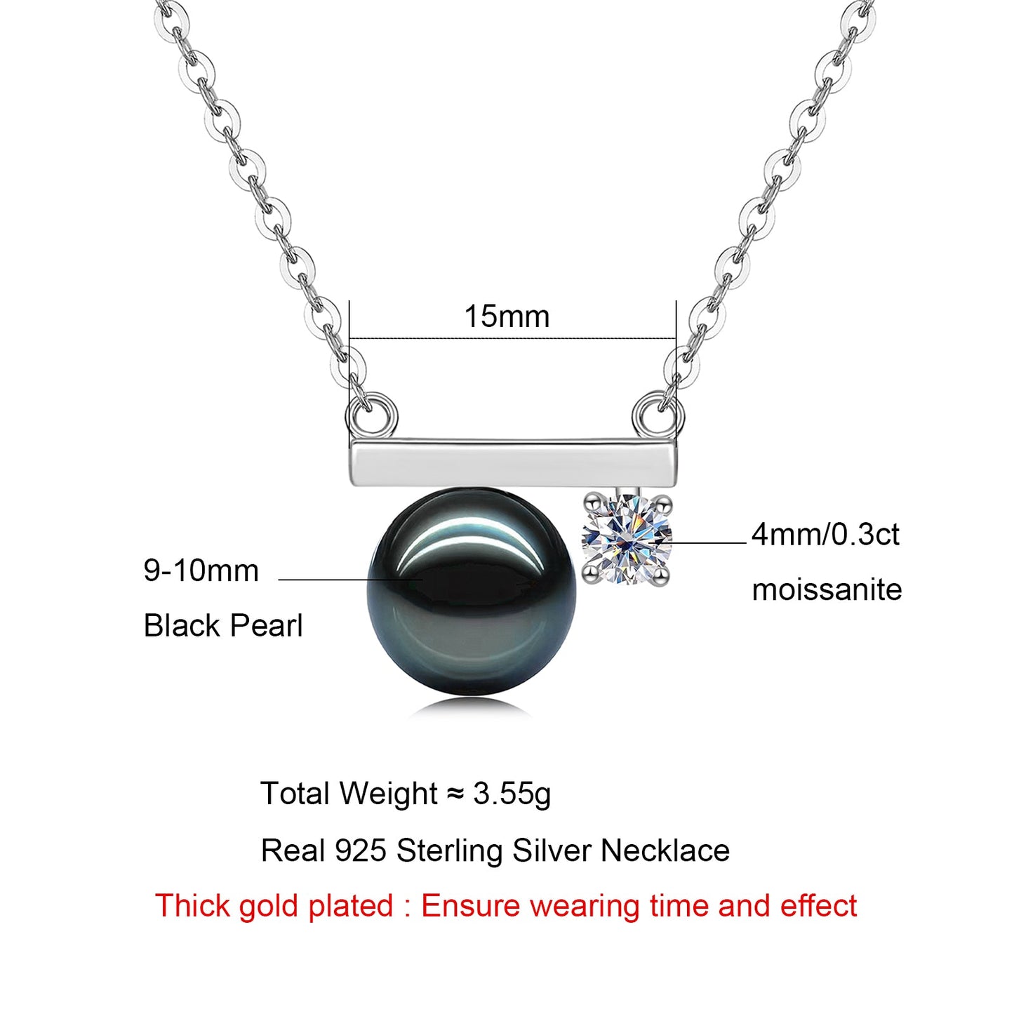 Yowting  9-10mm Black Pearl & 0.3ct Moissanite 925 Sterling Silver Necklace