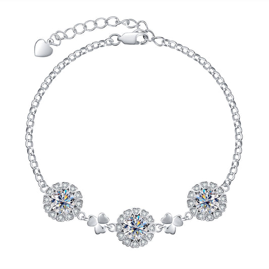 3.0CTTW D Color Moissanite Clover Bracelet 18K White Gold Plated Silver Adjustable Bracelets