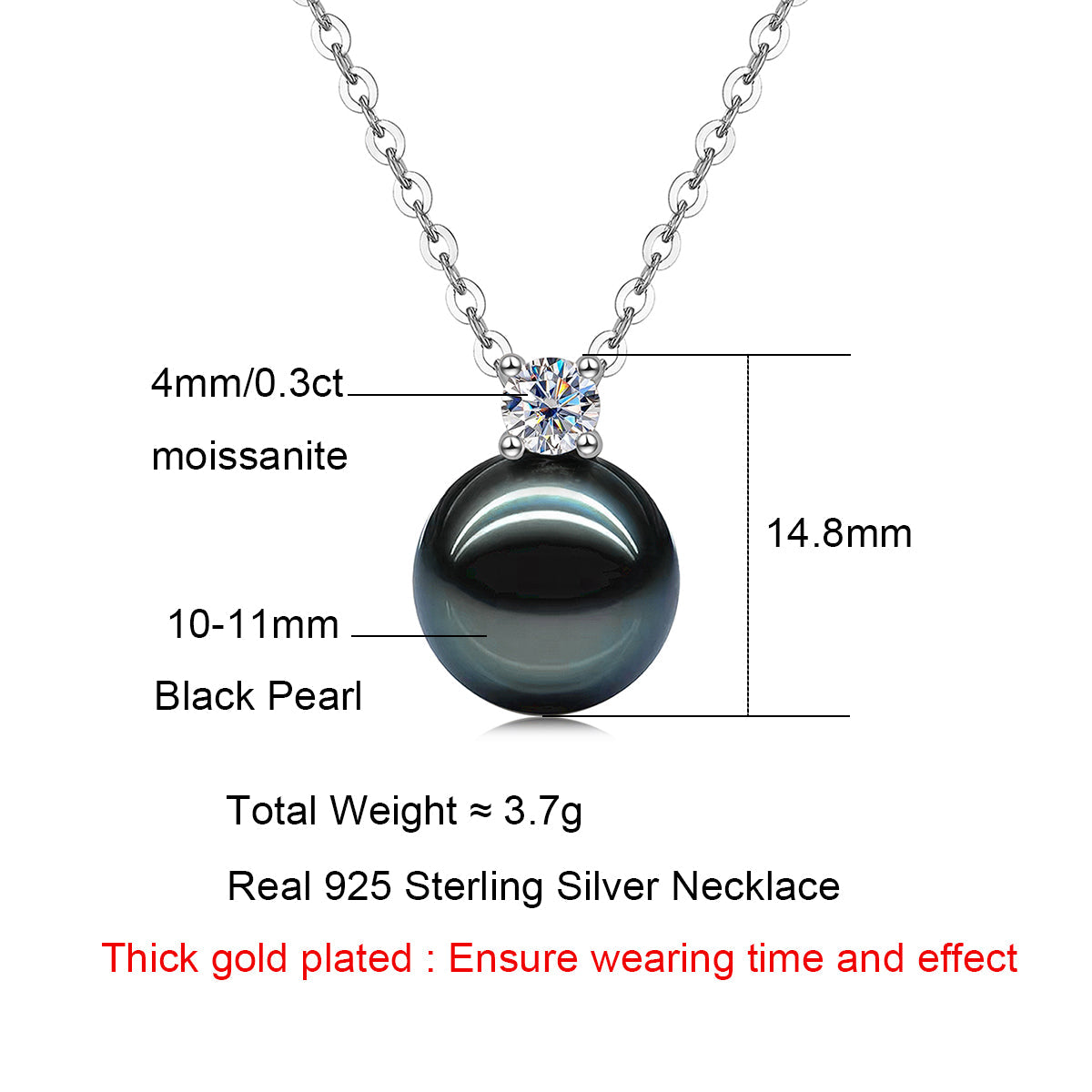 Yowting  9-10mm Natural Black Pearl 0.3ct Moissanite Necklace