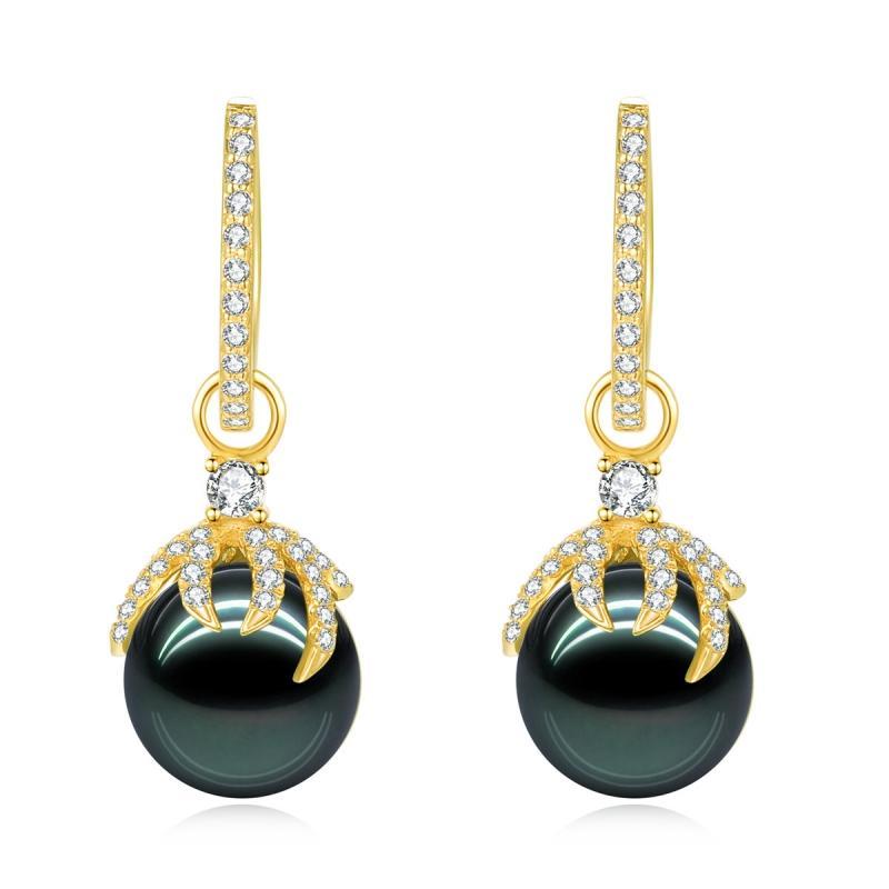 18K Solid Gold Natural 0.48ct Diamond Tahitian Black Pearl 9mm Earrings