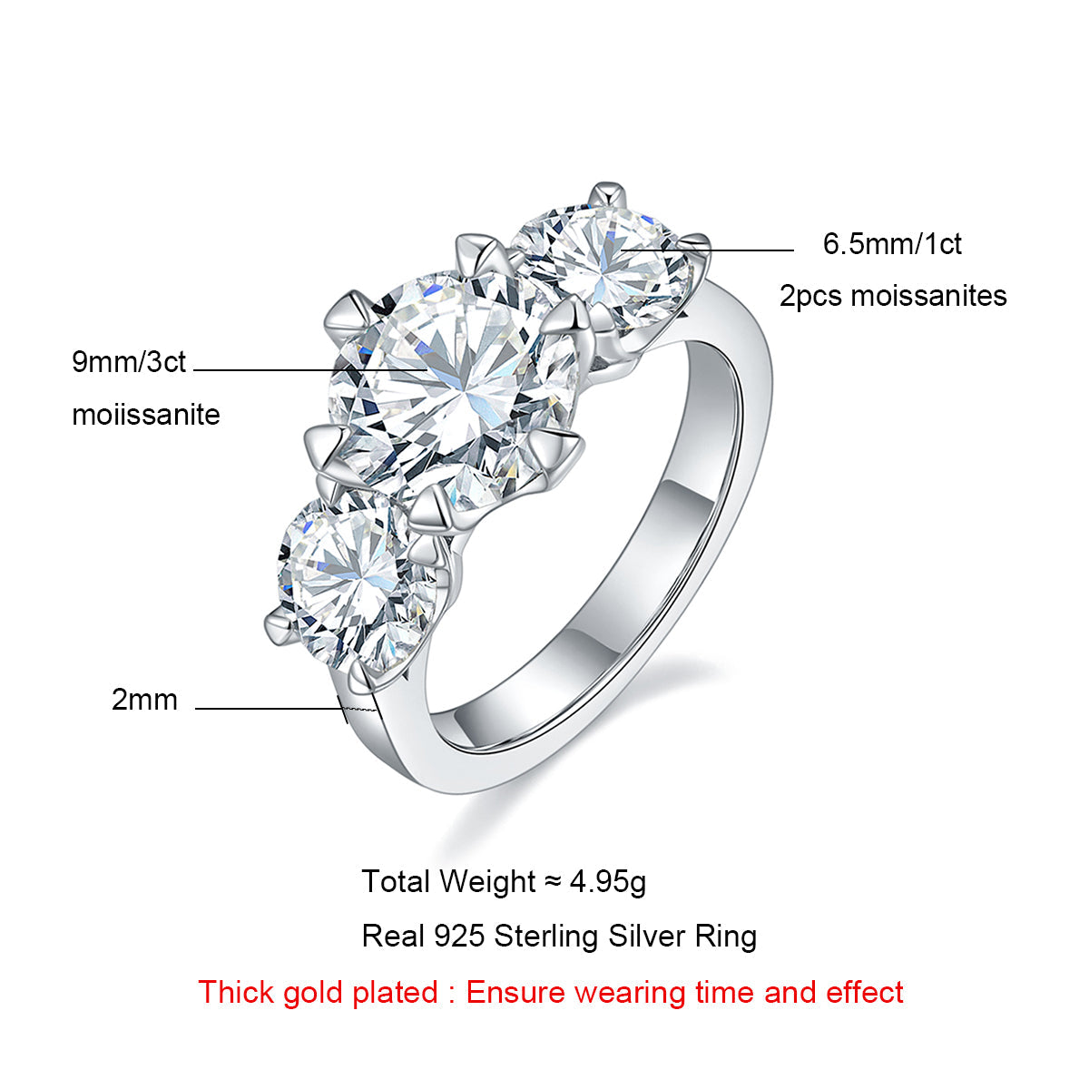 5.0CTTW D Color Moissanite Three Stone Ring 925 Sterling Silver Rings