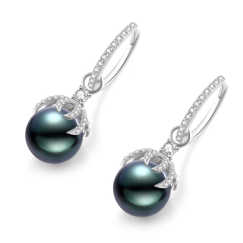 18K Solid Gold Natural 0.48ct Diamond Tahitian Black Pearl 9mm Earrings