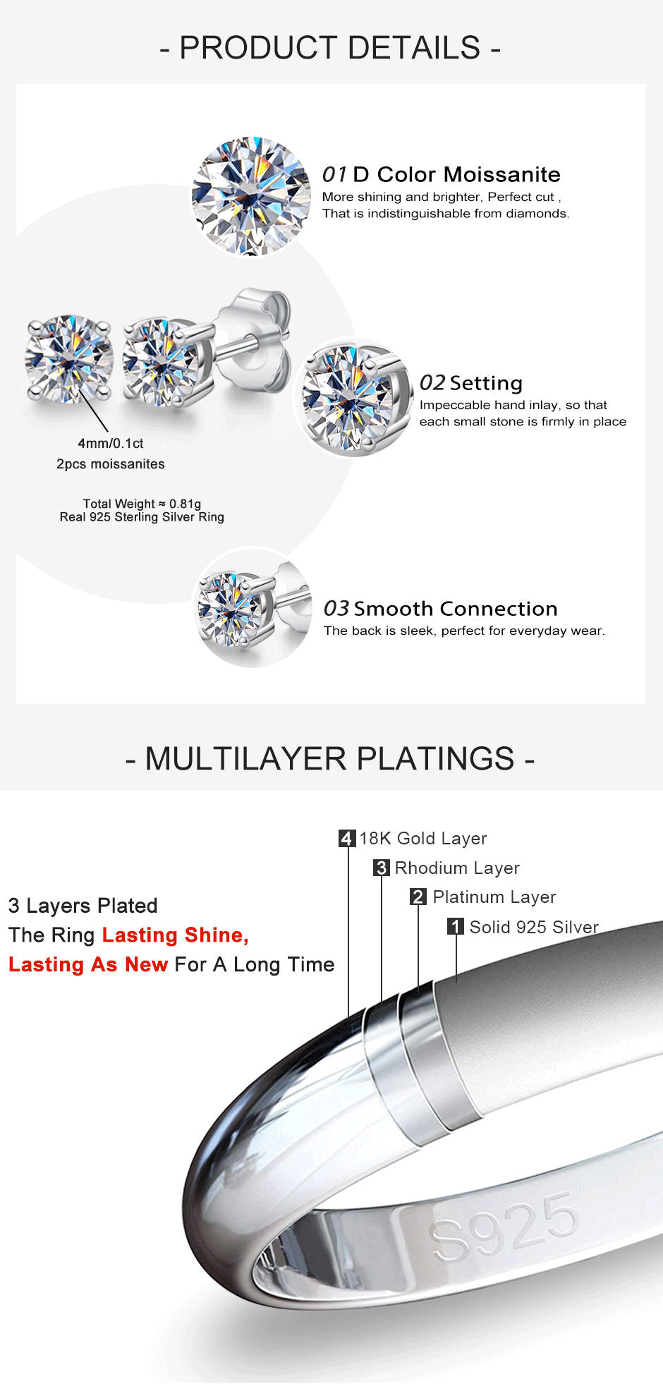4mm D Color Moissanite 925 Sterling Silver Stud Earring