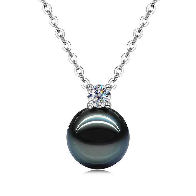 Yowting  9-10mm Natural Black Pearl 0.3ct Moissanite Necklace
