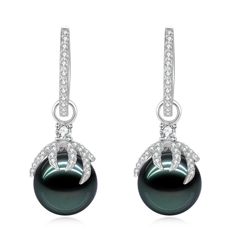 18K Solid Gold Natural 0.48ct Diamond Tahitian Black Pearl 9mm Earrings