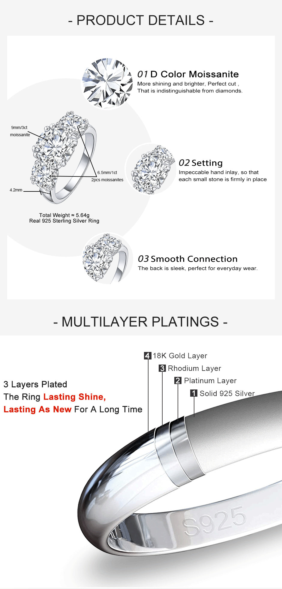 5.0CTTW Three Stone D Color Moissanite Rings 925 Sterling Silver Rings