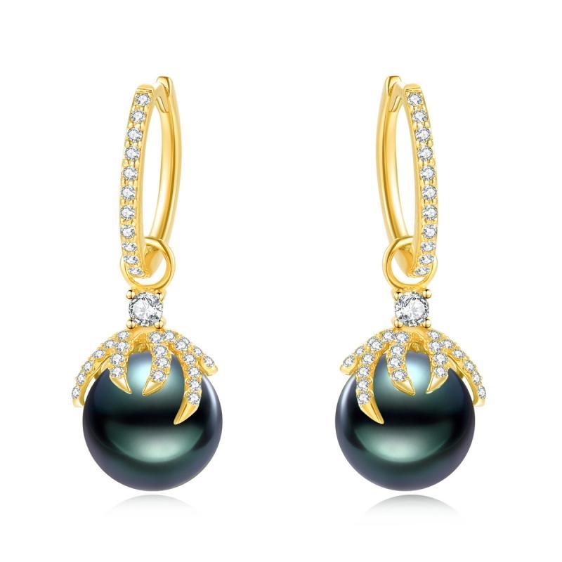 18K Solid Gold Natural 0.48ct Diamond Tahitian Black Pearl 9mm Earrings
