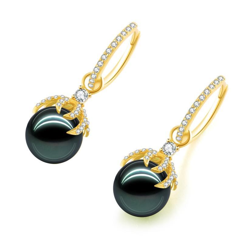 18K Solid Gold Natural 0.48ct Diamond Tahitian Black Pearl 9mm Earrings