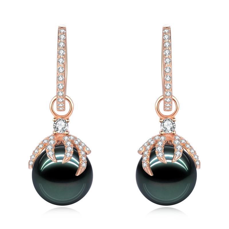 18K Solid Gold Natural 0.48ct Diamond Tahitian Black Pearl 9mm Earrings