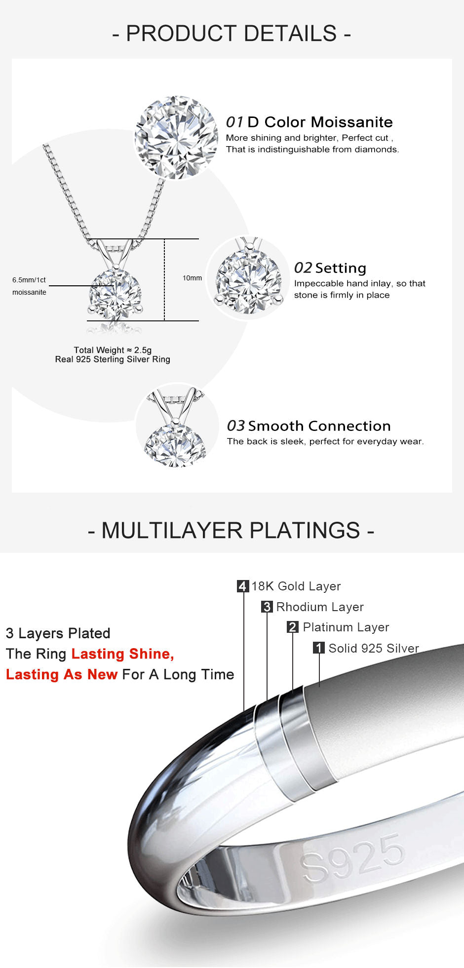 1.0CT VVS1 D Color Moissanite Necklaces 18K Gold Plated Three Claw Pendant Necklaces