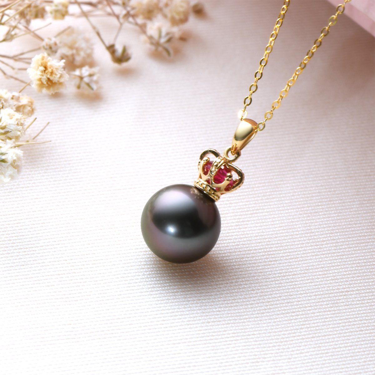 18K Gold Royal Crown Ruby Black Tahiti Pearl Pendant Necklace