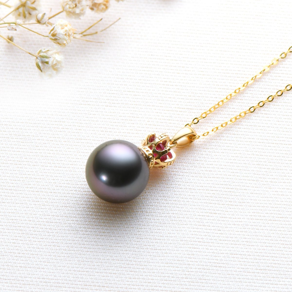 18K Gold Royal Crown Ruby Black Tahiti Pearl Pendant Necklace