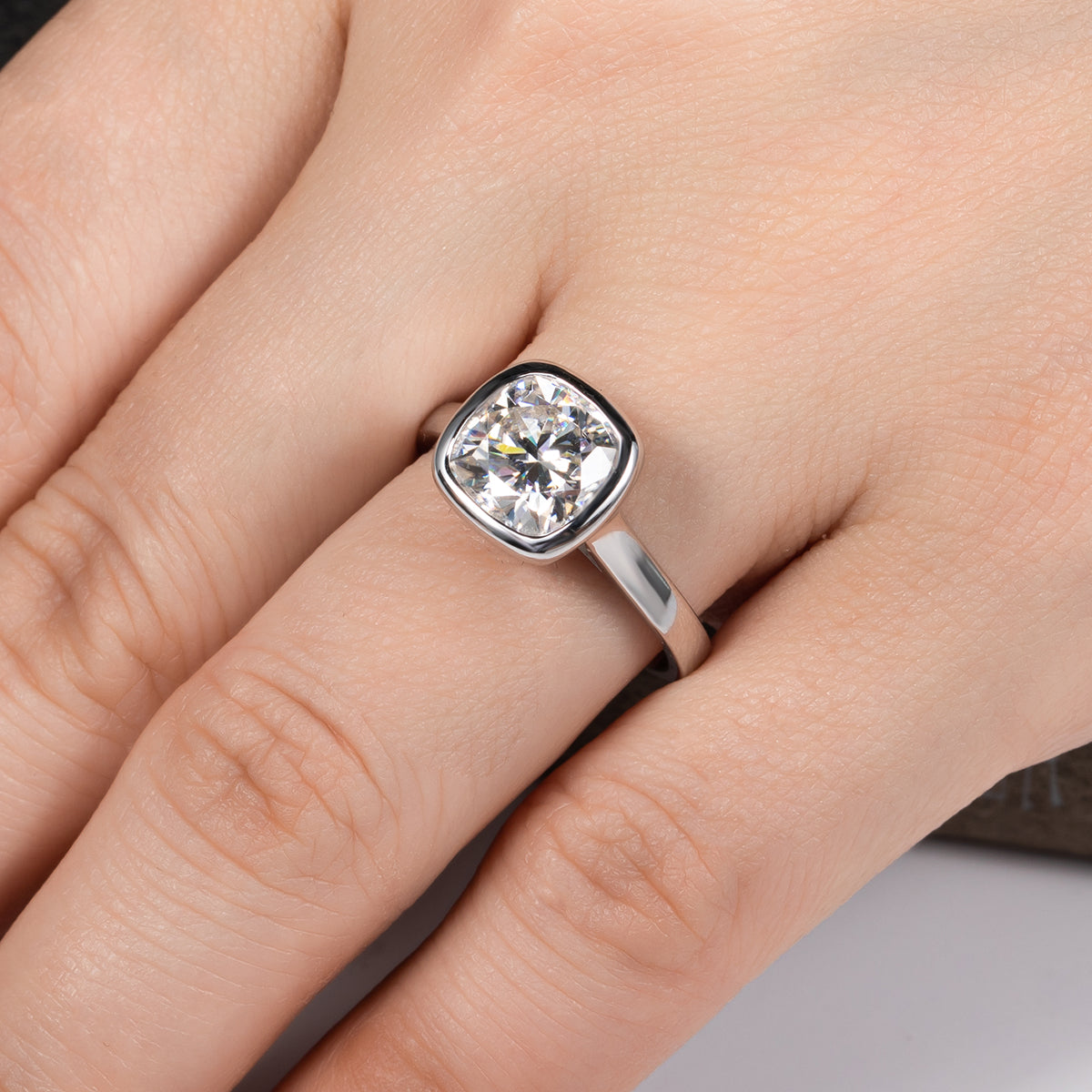 3.0CT Cushion Moissanite Bezel Solitaire Ring