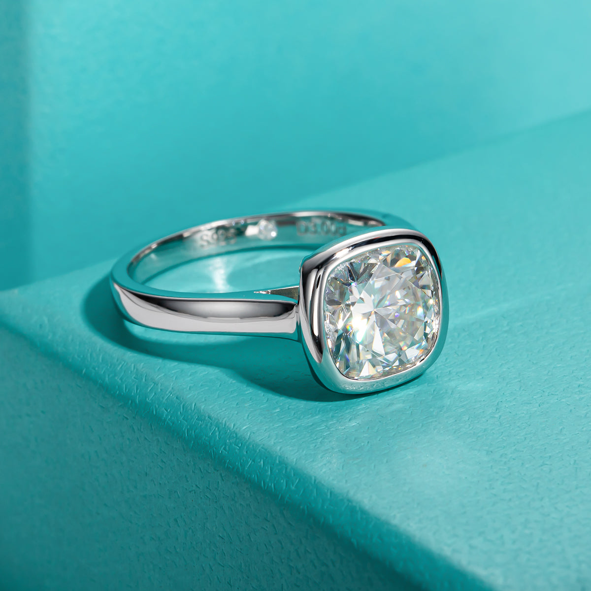 3.0CT Cushion Moissanite Bezel Solitaire Ring