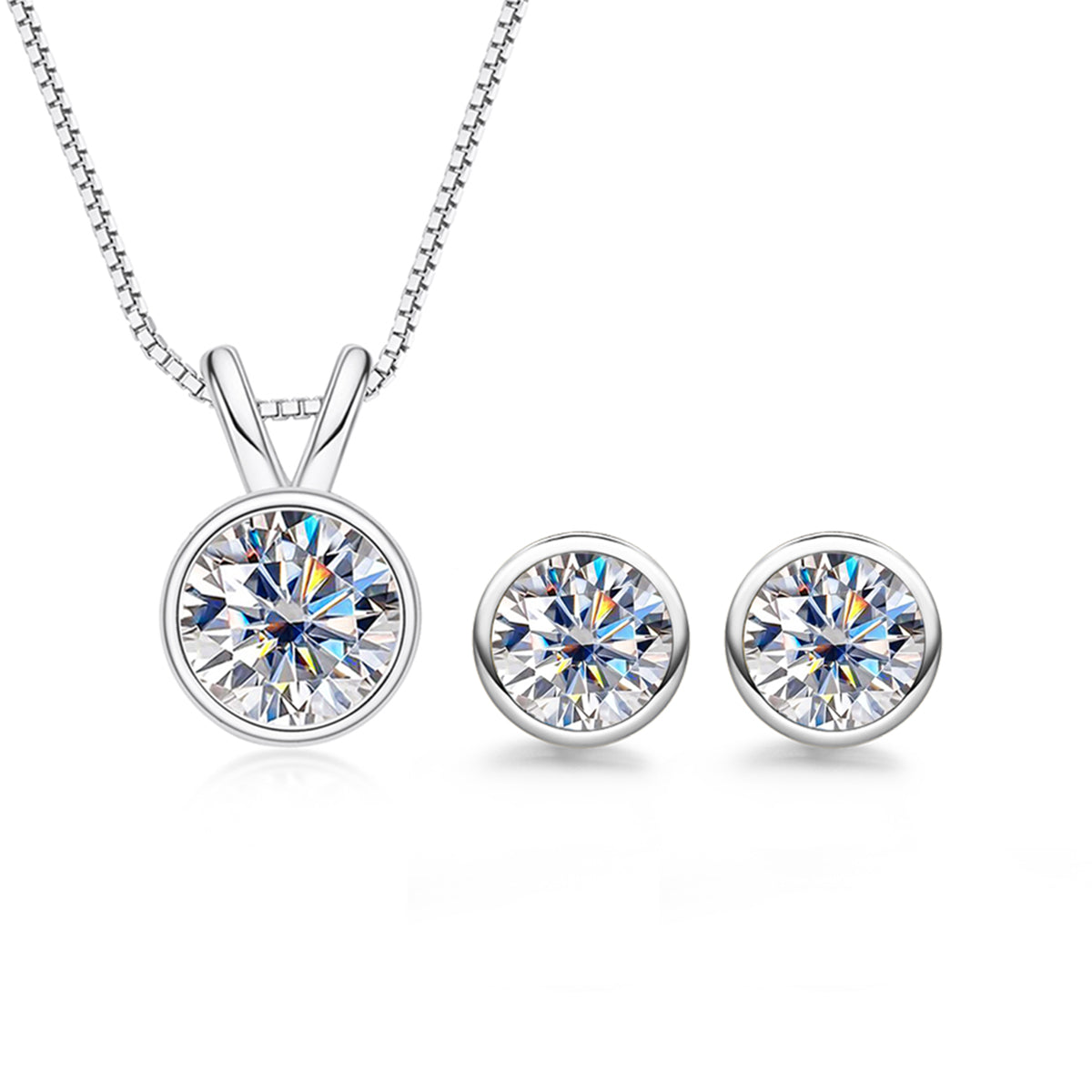 2CT Moissanite Bezel Necklace 1CT Moissanite Earrings 925 Sterling Silver Jewelry