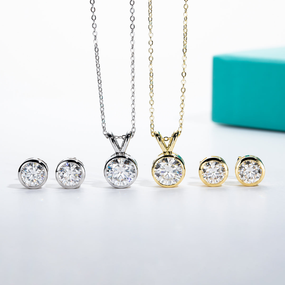 2CT Moissanite Bezel Necklace 1CT Moissanite Earrings 925 Sterling Silver Jewelry