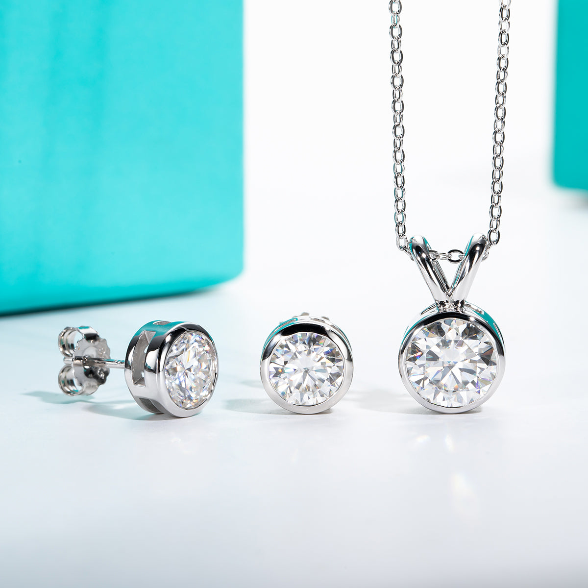 2CT Moissanite Bezel Necklace 1CT Moissanite Earrings 925 Sterling Silver Jewelry
