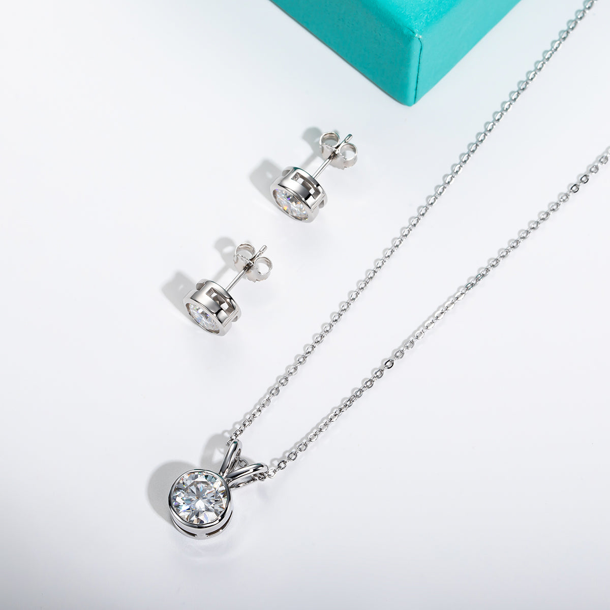 2CT Moissanite Bezel Necklace 1CT Moissanite Earrings 925 Sterling Silver Jewelry