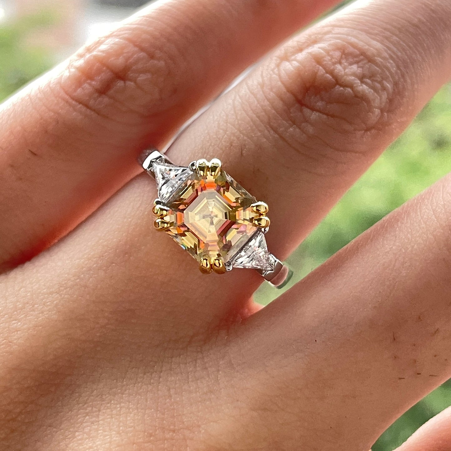 3.0CTTW D Color Asscher Cut Yellow Color Moissanite Engagement Band Ring 925 Sterling Silver Rings