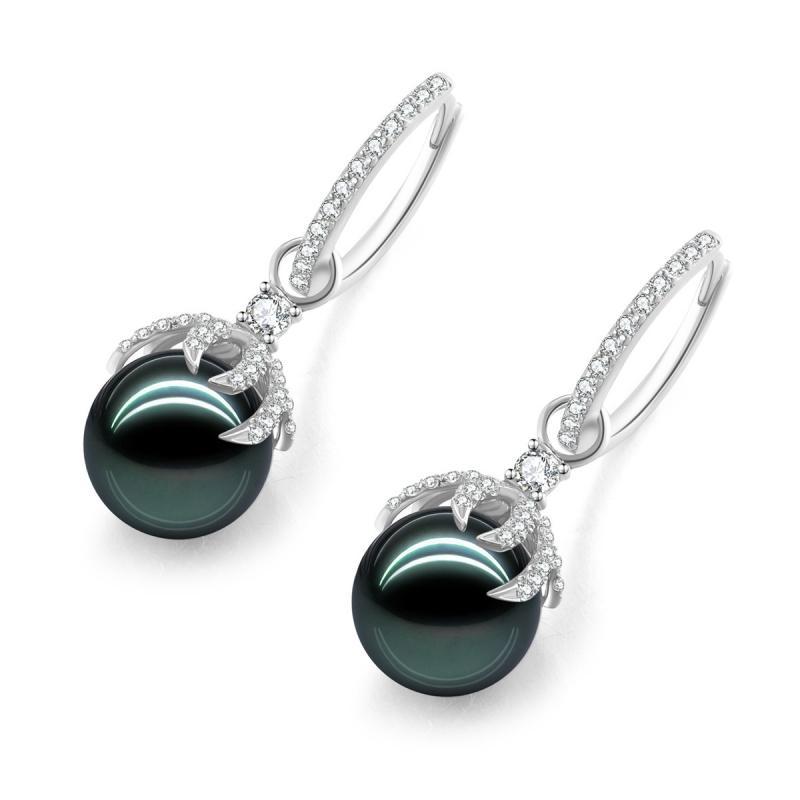 18K Solid Gold Natural 0.48ct Diamond Tahitian Black Pearl 9mm Earrings