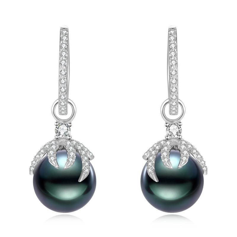 18K Solid Gold Natural 0.48ct Diamond Tahitian Black Pearl 9mm Earrings