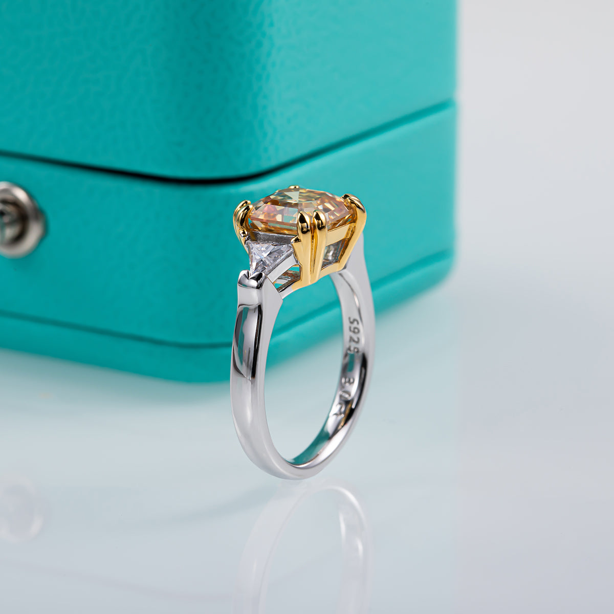 3.0CTTW D Color Asscher Cut Yellow Color Moissanite Engagement Band Ring 925 Sterling Silver Rings