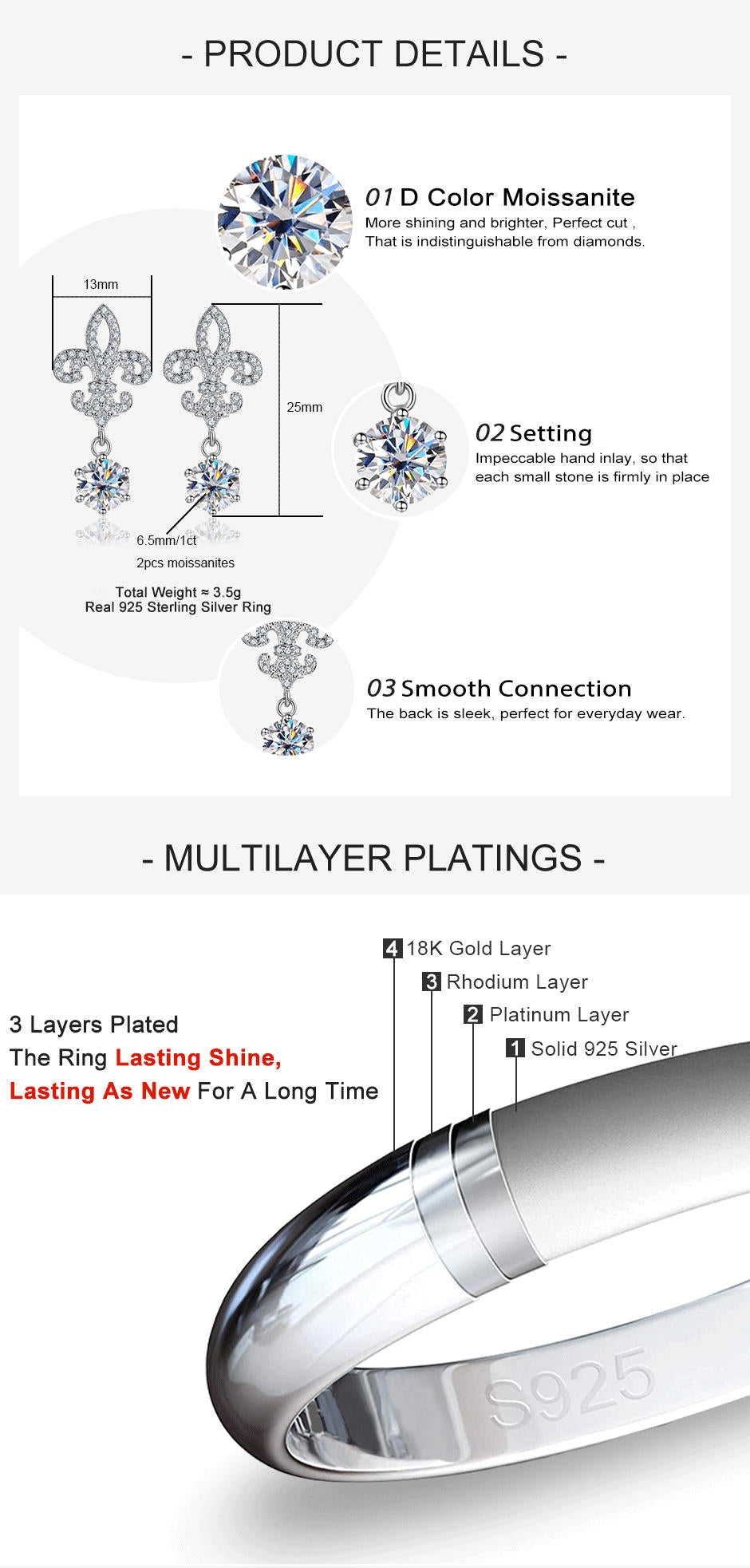 2.0CTTW D Color Moissanite Drop Earrings 925 Sterling Silve Hook Earrings