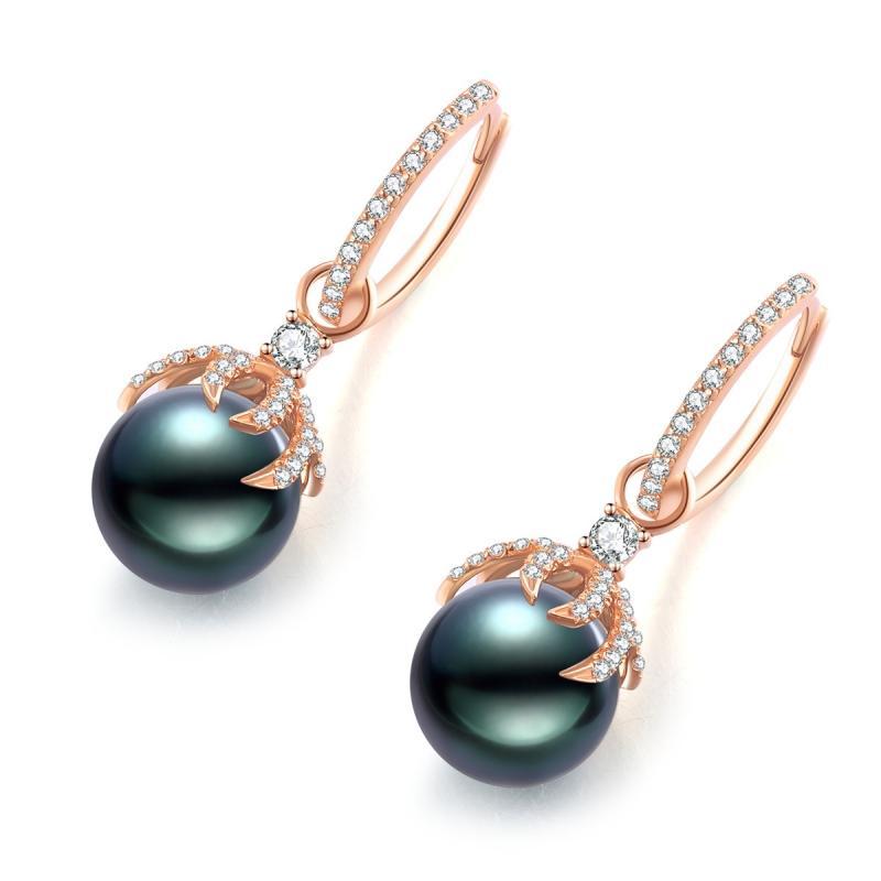 18K Solid Gold Natural 0.48ct Diamond Tahitian Black Pearl 9mm Earrings
