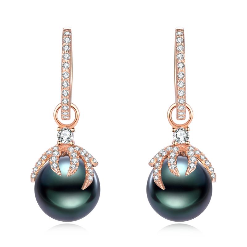 18K Solid Gold Natural 0.48ct Diamond Tahitian Black Pearl 9mm Earrings