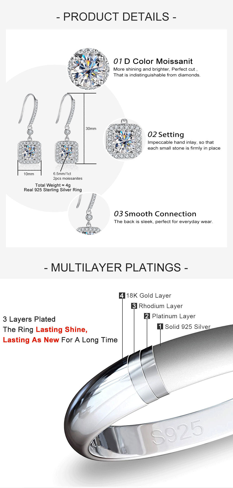 2.0CTTW D Color Moissanite Drop Earrings 925 Sterling Silve Hook Earrings