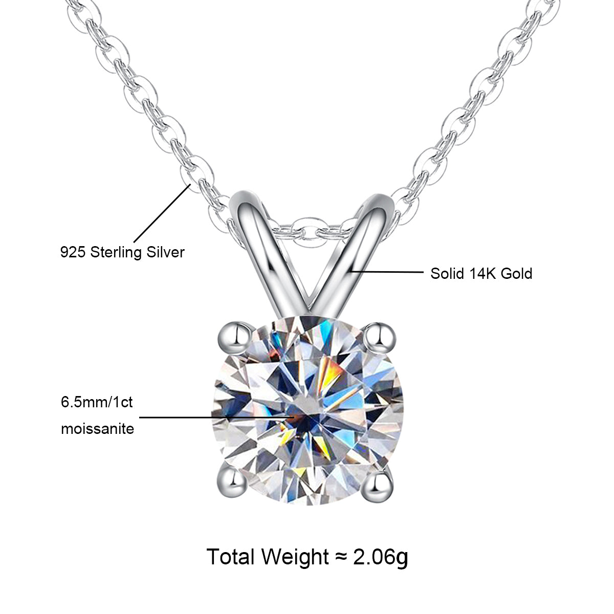 Real 14K Gold 1.0CTTW D Color Moissanite Pendant Necklace