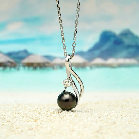 Yowting 9-10mm Natural Tahitian Black Pearl 0.3ct Moissanite Anniversary Necklaces