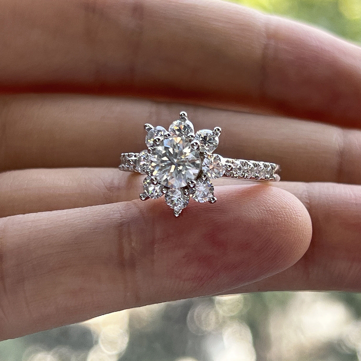 Moissanite Sunflower Halo Engagement Rings