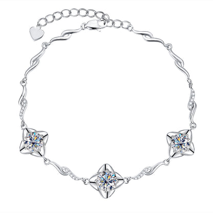 3.0CTTW D ColorAnu Moissanite Four Leaf Clover Silver Bracelet 18K White Gold Plated  Adjustable Bracelets