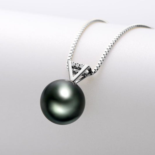 18k Gold Natural Cultured Tahitian Black Pearl Diamond Pendant Necklac with Silver Chain