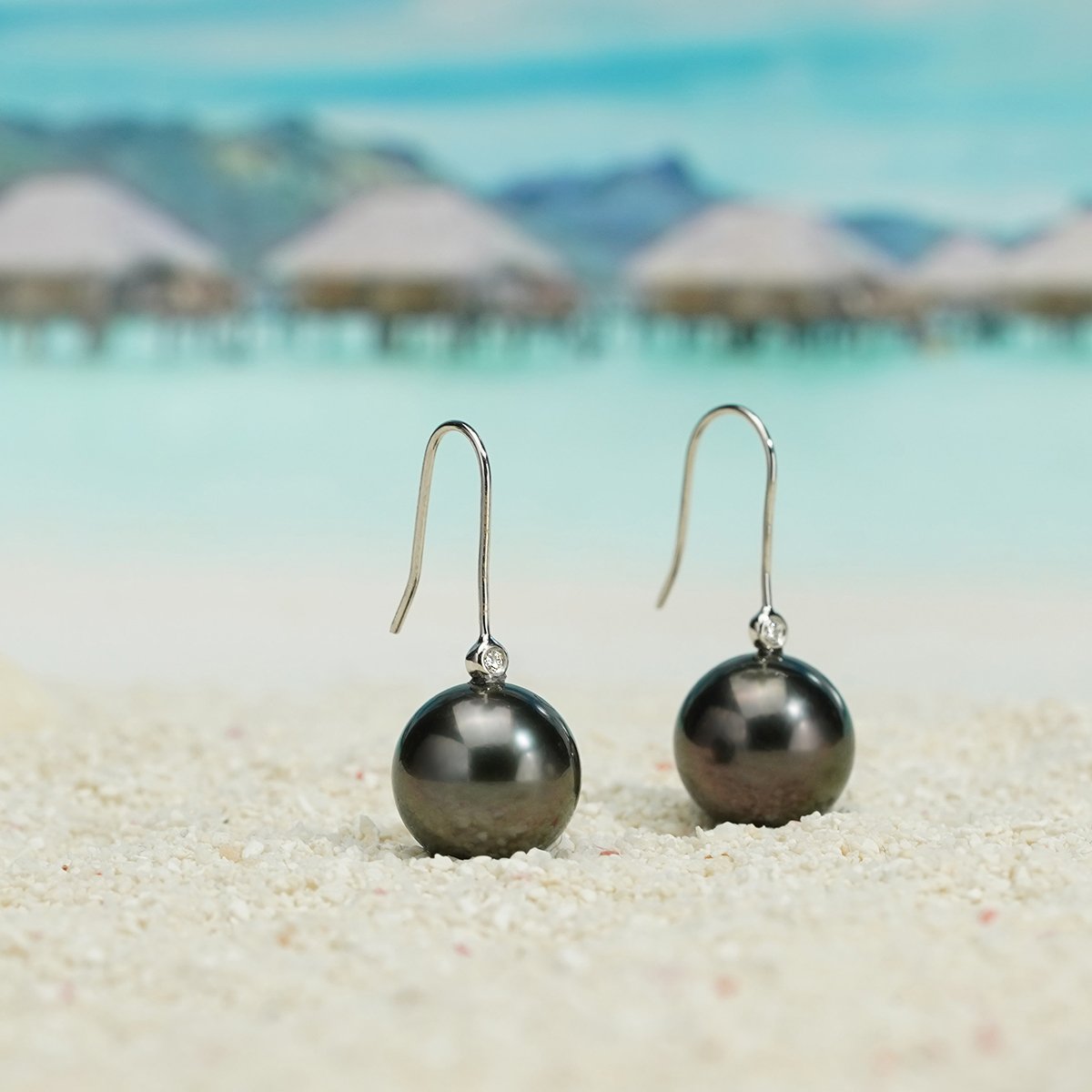 18K Gold Natural Tahitian Black Pearl Diamond Hook Earrings