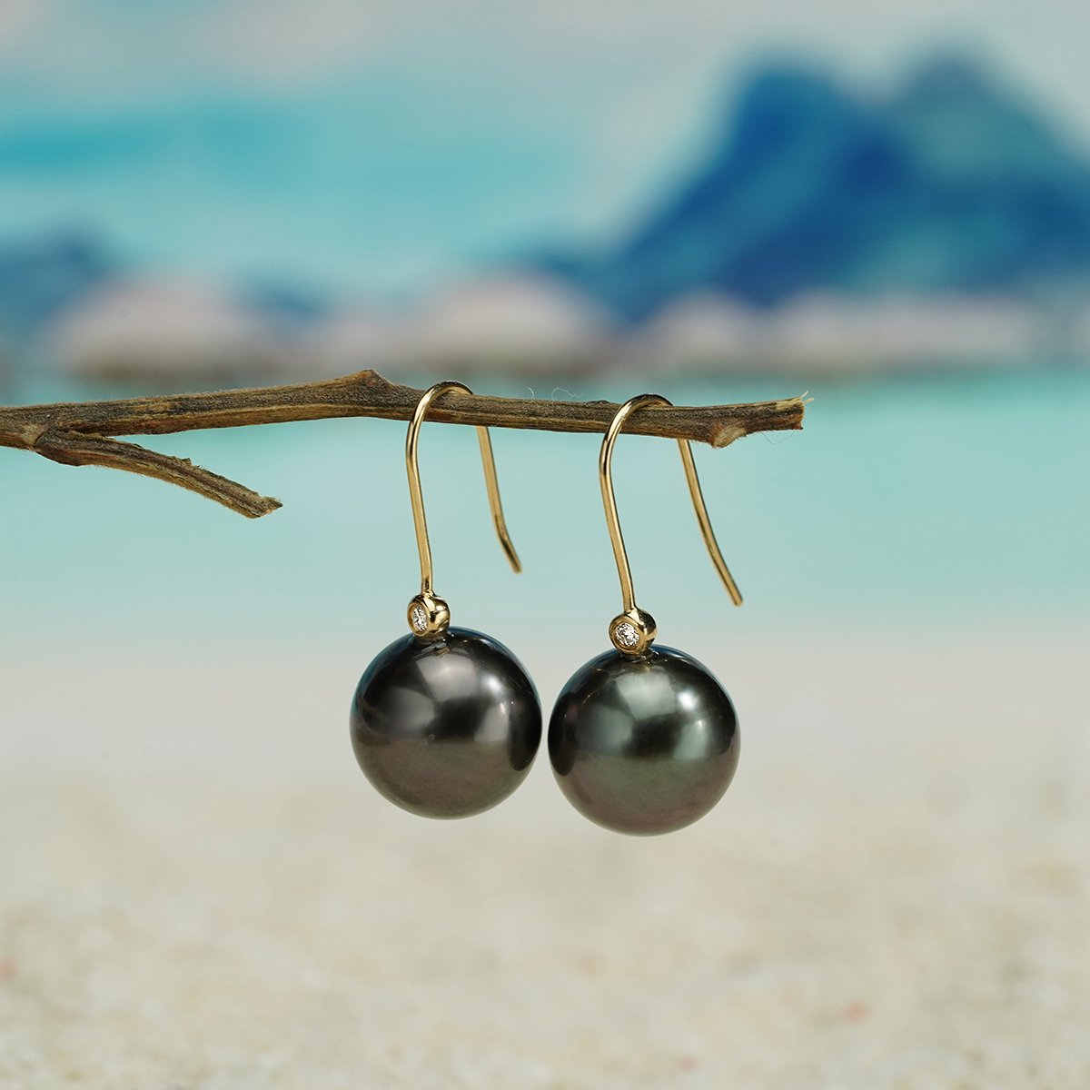 18K Gold Natural Tahitian Black Pearl Diamond Hook Earrings