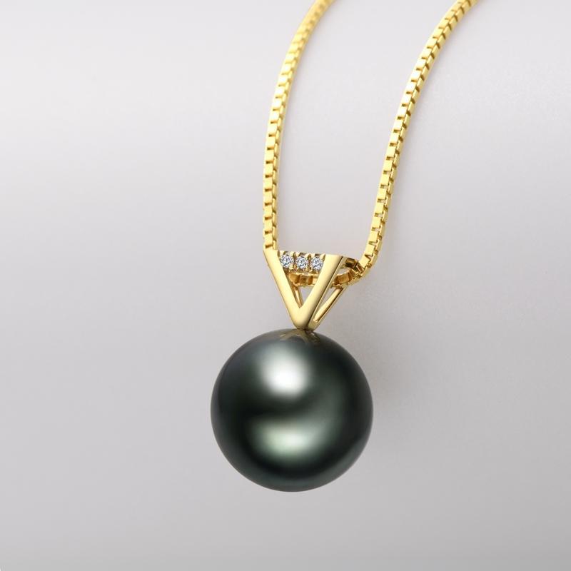 18k Gold Natural Cultured Tahitian Black Pearl Diamond Pendant Necklac with Silver Chain