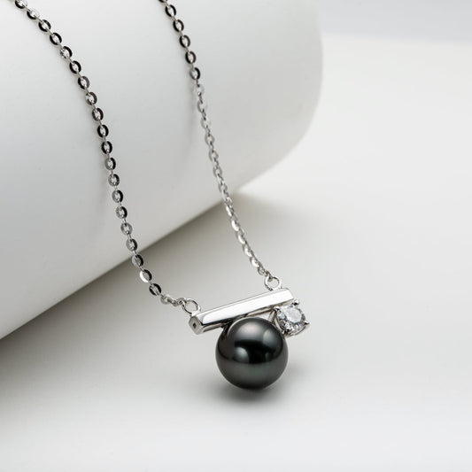 Yowting  9-10mm Black Pearl & 0.3ct Moissanite 925 Sterling Silver Necklace