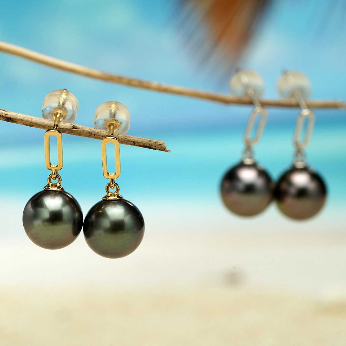 18K Gold Black Tahitian Southsea Cultured Pearl Geometric Drop Earring